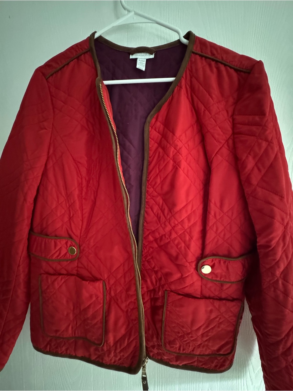 Charter Club Red Quilted Jacket with Brown Trim XL